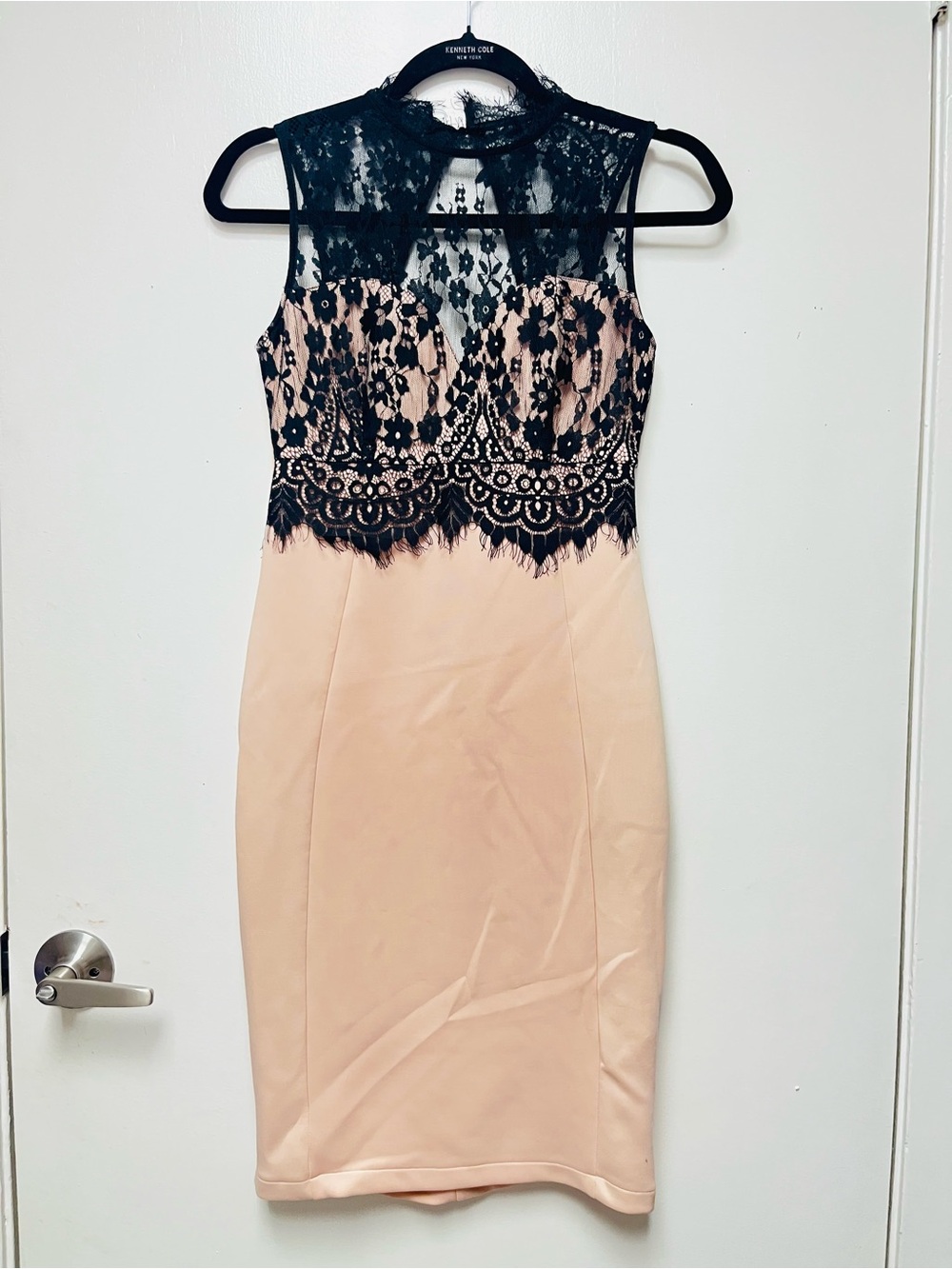 Mustard Seed Blush Midi Dress with Black Lace Bodice